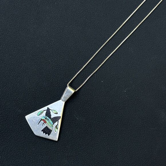 Zuni SC Edaakie Sterling Silver Hummingbird Inlay Pendant – Abalone Coral Jet - Picture 3 of 6